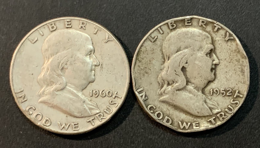 紫瑗钱币—微拍第53期  美国 富兰克林 50枚分  2枚 共25克 0.9银 烂品