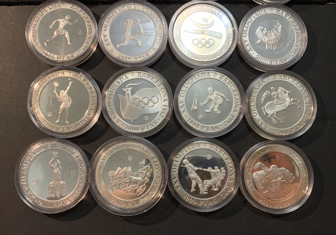 紫瑗钱币—微拍第53期  西班牙 92巴塞罗那奥运会 2000比塞塔 16枚大全套 共432克 0.925银 精制