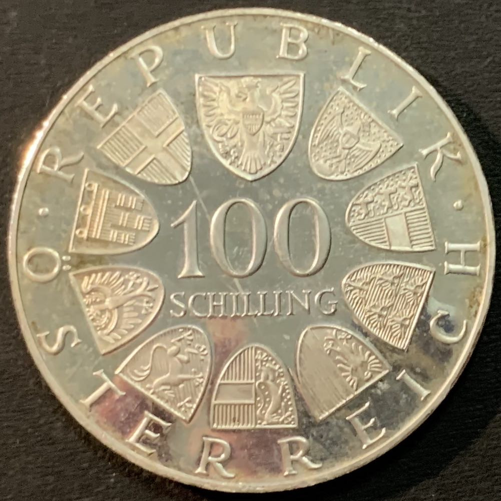 紫瑗钱币—微拍第53期  奥地利 1976年 因斯布鲁克冬奥运 会徽 100先令 24克 0.64银 精制