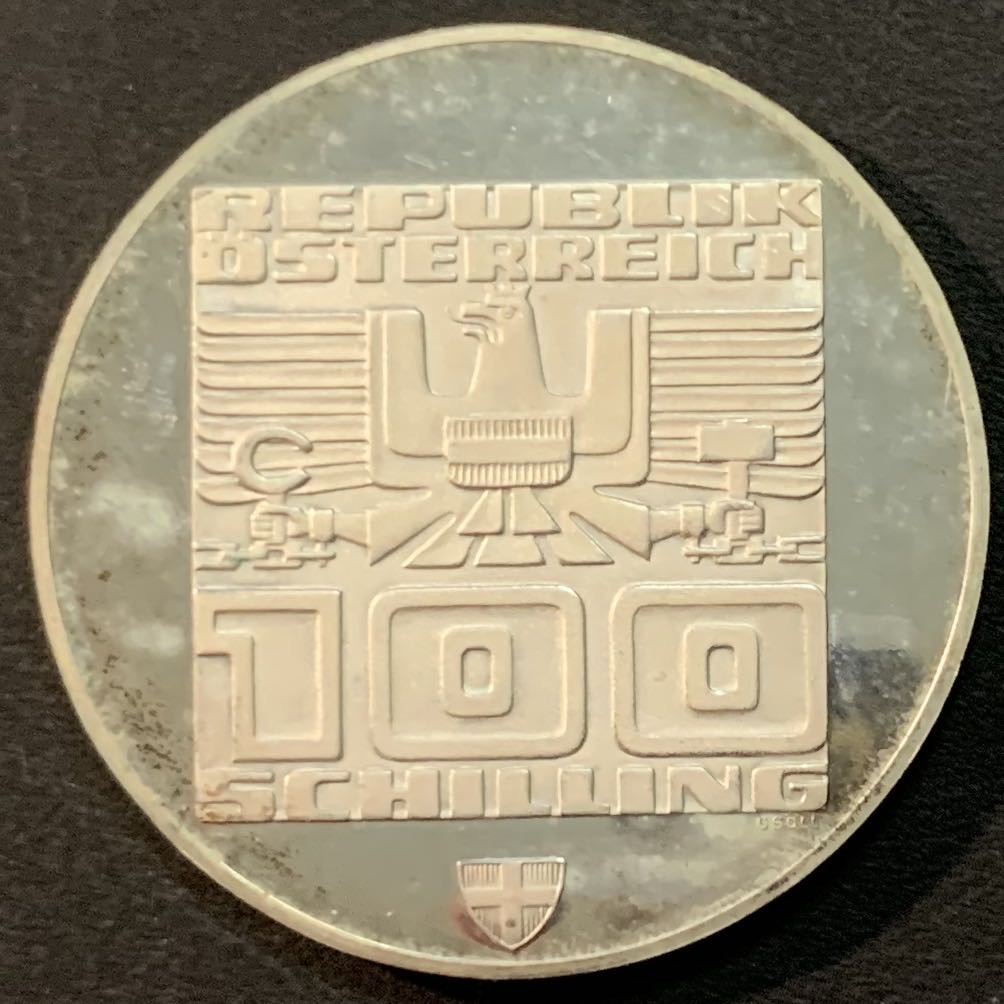 紫瑗钱币—微拍第53期  奥地利 1976年 因斯布鲁克冬奥运 会徽  100先令 24克 0.64银 精制