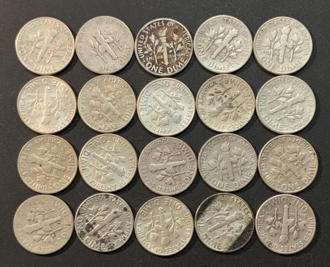 紫瑗钱币—微拍第53期  美国 1946—1964年 罗斯福 10美分 银币 20枚一组 共50克 0.9银