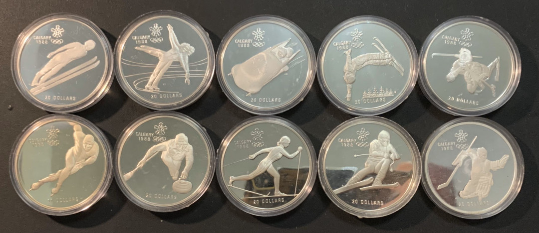 紫瑗钱币—微拍第53期  加拿大 1988年 卡尔加里冬奥会 20元 10枚全套 共341克 0.925银 精制