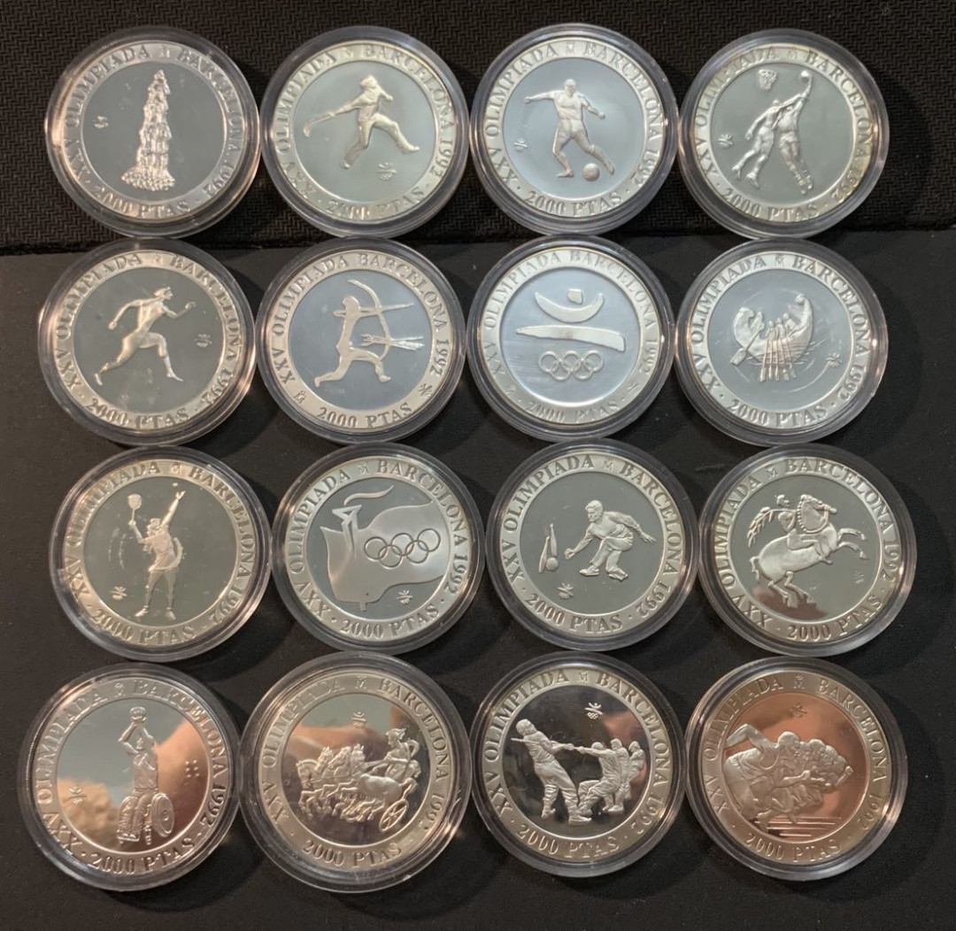 紫瑗钱币—微拍第53期  西班牙 92巴塞罗那奥运会 2000比塞塔 16枚大全套 共432克 0.925银 精制