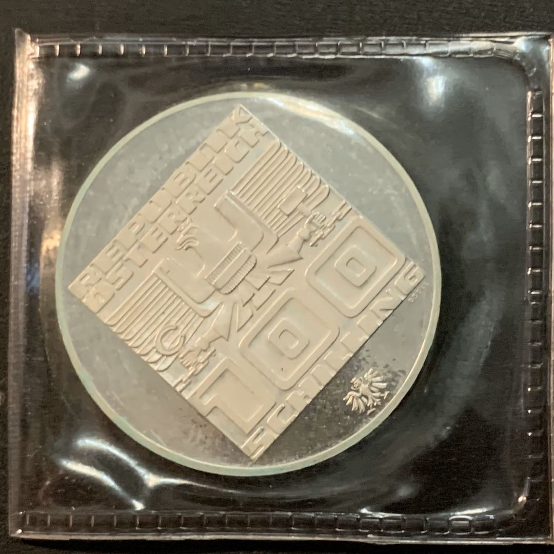 紫瑗钱币—微拍第53期  奥地利 1976年 因斯布鲁克冬奥运 滑雪 100先令 24克 0.64银 精制