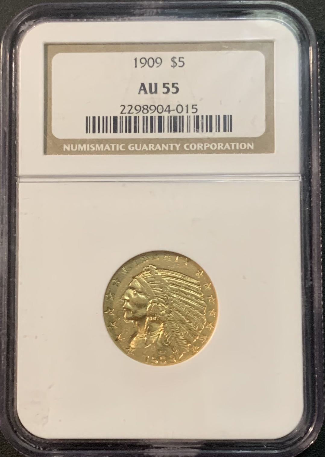 紫瑗钱币—微拍第53期  美国 1909年  印第安人 5元 金币 NGC AU55