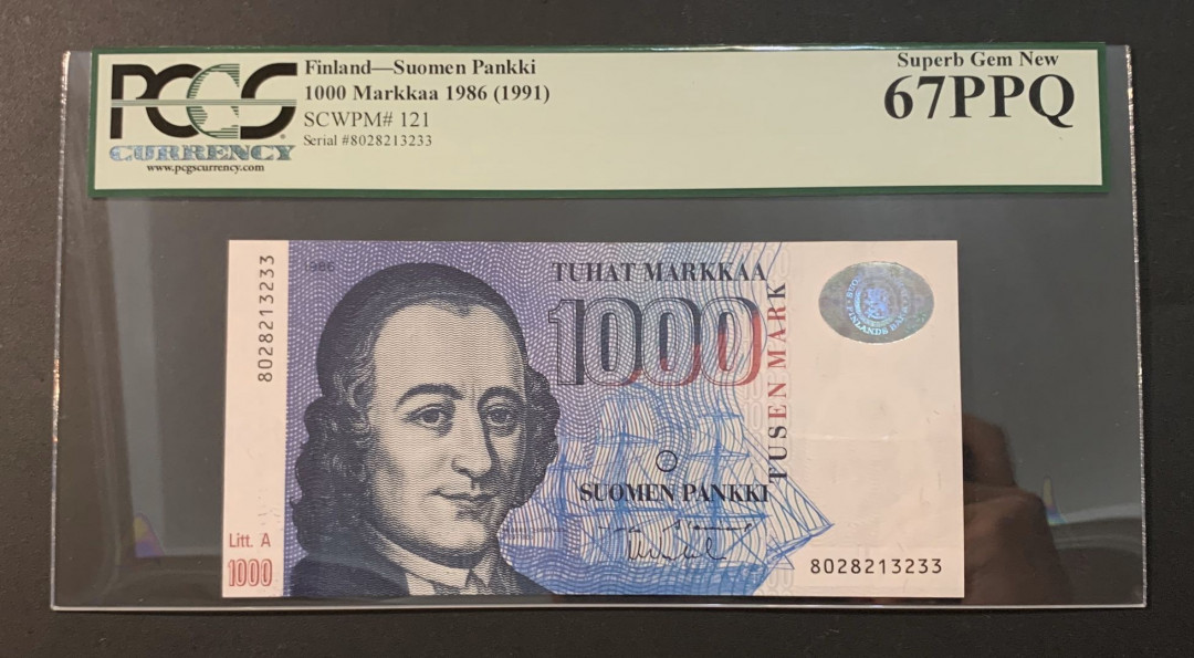 紫瑗钱币—微拍第54期 —纸币场 芬兰 1991年 1000马克 PCGS 67 PPQ (尾33）