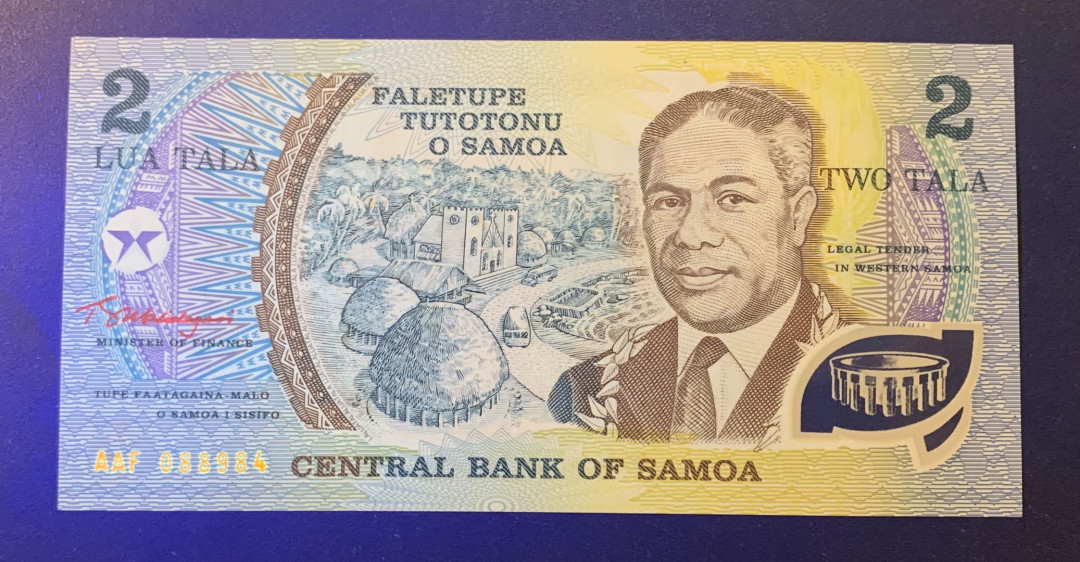 紫瑗钱币—微拍第54期 —纸币场 萨摩亚 1990年 为国效力50年 2塔拉 纪念塑料钞（AAF冠）UNC