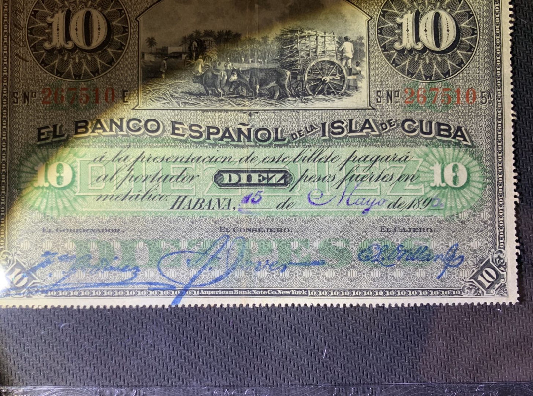 紫瑗钱币—微拍第54期 —纸币场 古巴 1896年 古巴西班牙银行 手写日期 10比索 美评 SGS 50