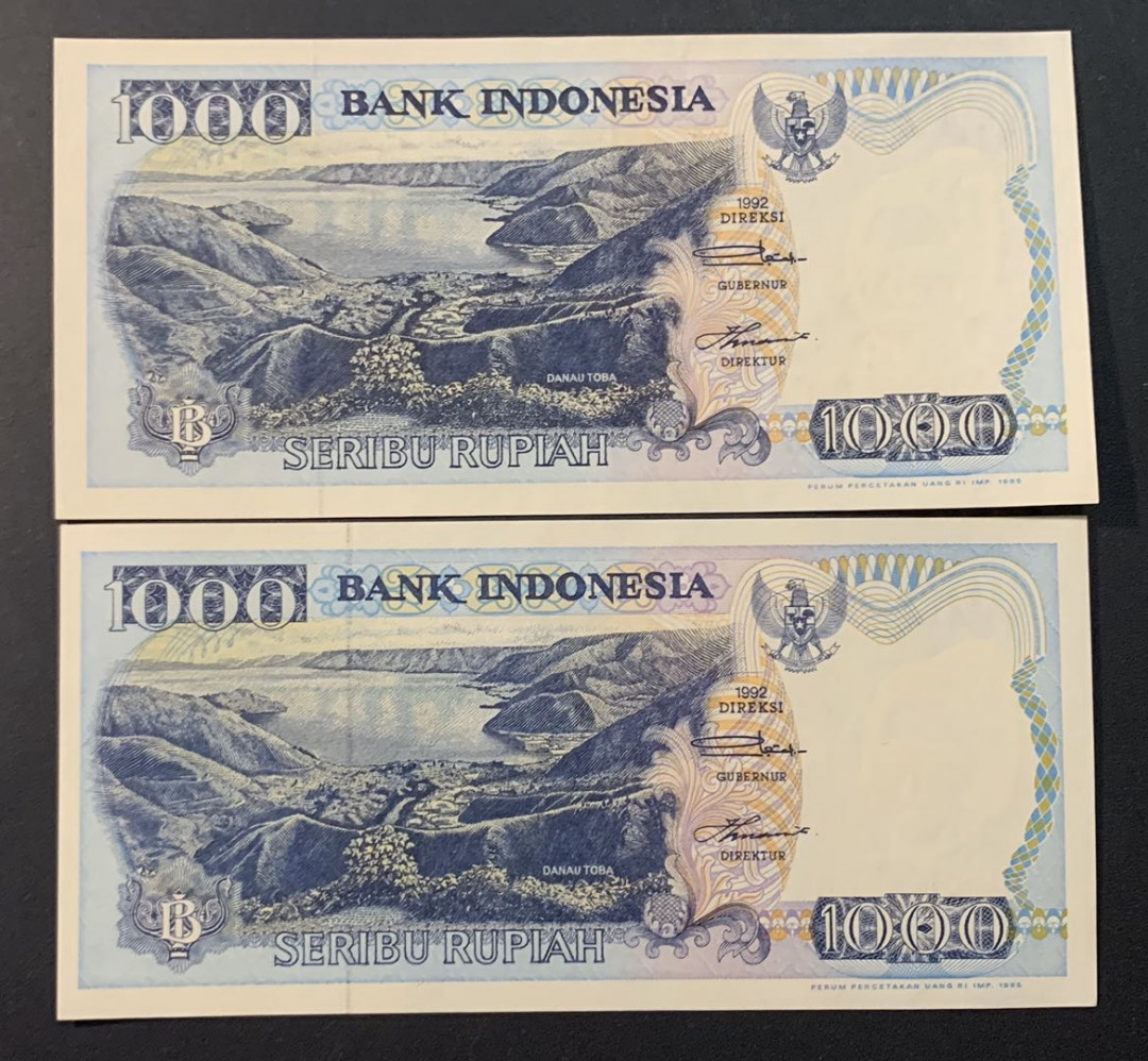 紫瑗钱币—微拍第54期 —纸币场 印度尼西亚 1992年  多巴湖 1000卢比 2枚一组 UNC P-129