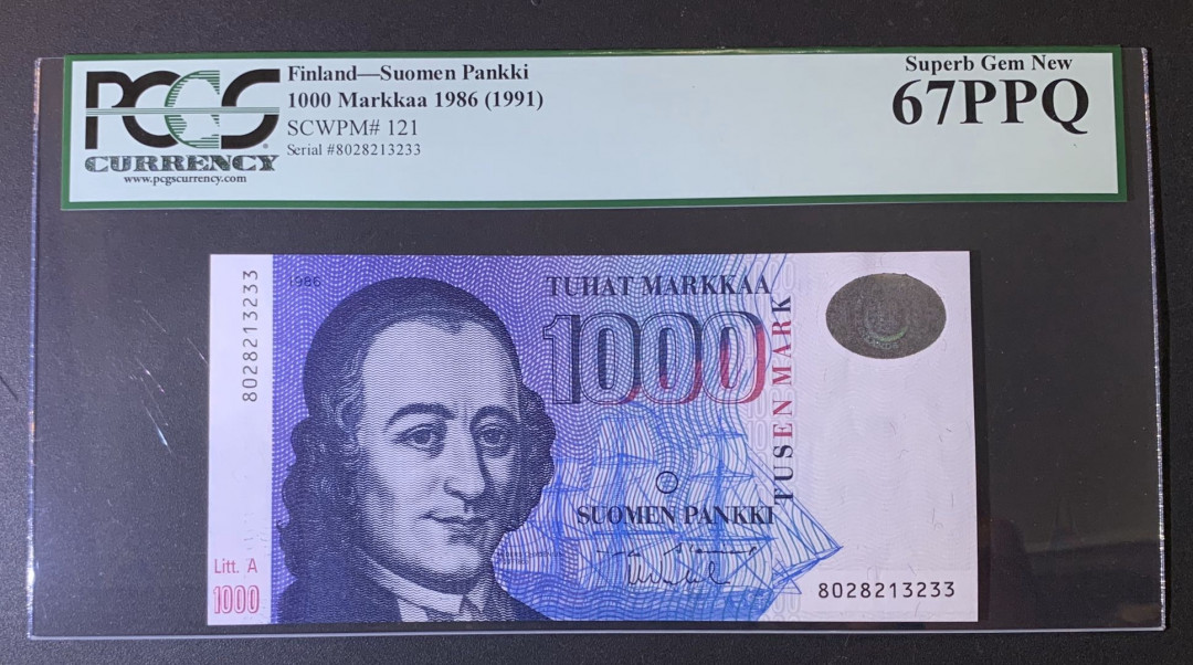 紫瑗钱币—微拍第54期 —纸币场 芬兰 1991年 1000马克 PCGS 67 PPQ (尾33）