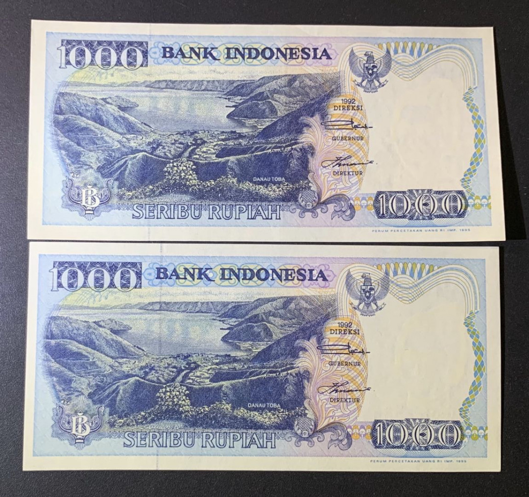 紫瑗钱币—微拍第54期 —纸币场 印度尼西亚 1992年  多巴湖 1000卢比 2枚一组 UNC P-129