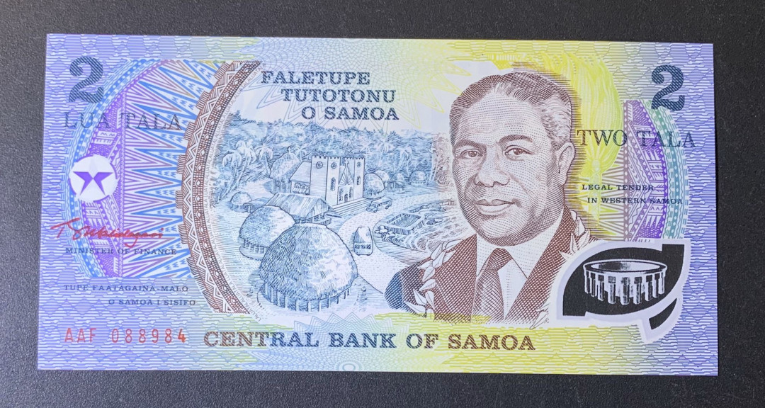 紫瑗钱币—微拍第54期 —纸币场 萨摩亚 1990年 为国效力50年 2塔拉 纪念塑料钞（AAF冠）UNC