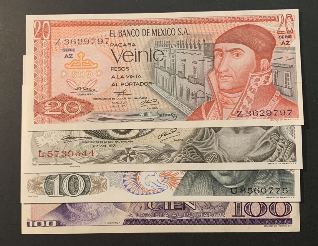 紫瑗钱币—微拍第54期 —纸币场 墨西哥 70—80年代  5 10 20 100比索 4枚一套 UNC