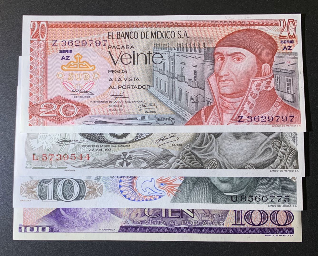 紫瑗钱币—微拍第54期 —纸币场 墨西哥 70—80年代  5 10 20 100比索 4枚一套 UNC