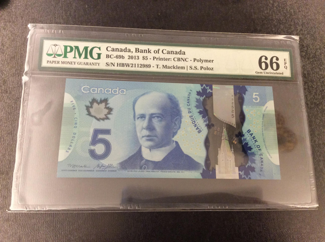 【收藏联盟】第135期拍卖——新西兰大炮筒（共45拍） 加拿大 2013年5元 塑料钞 PMG66EPQ