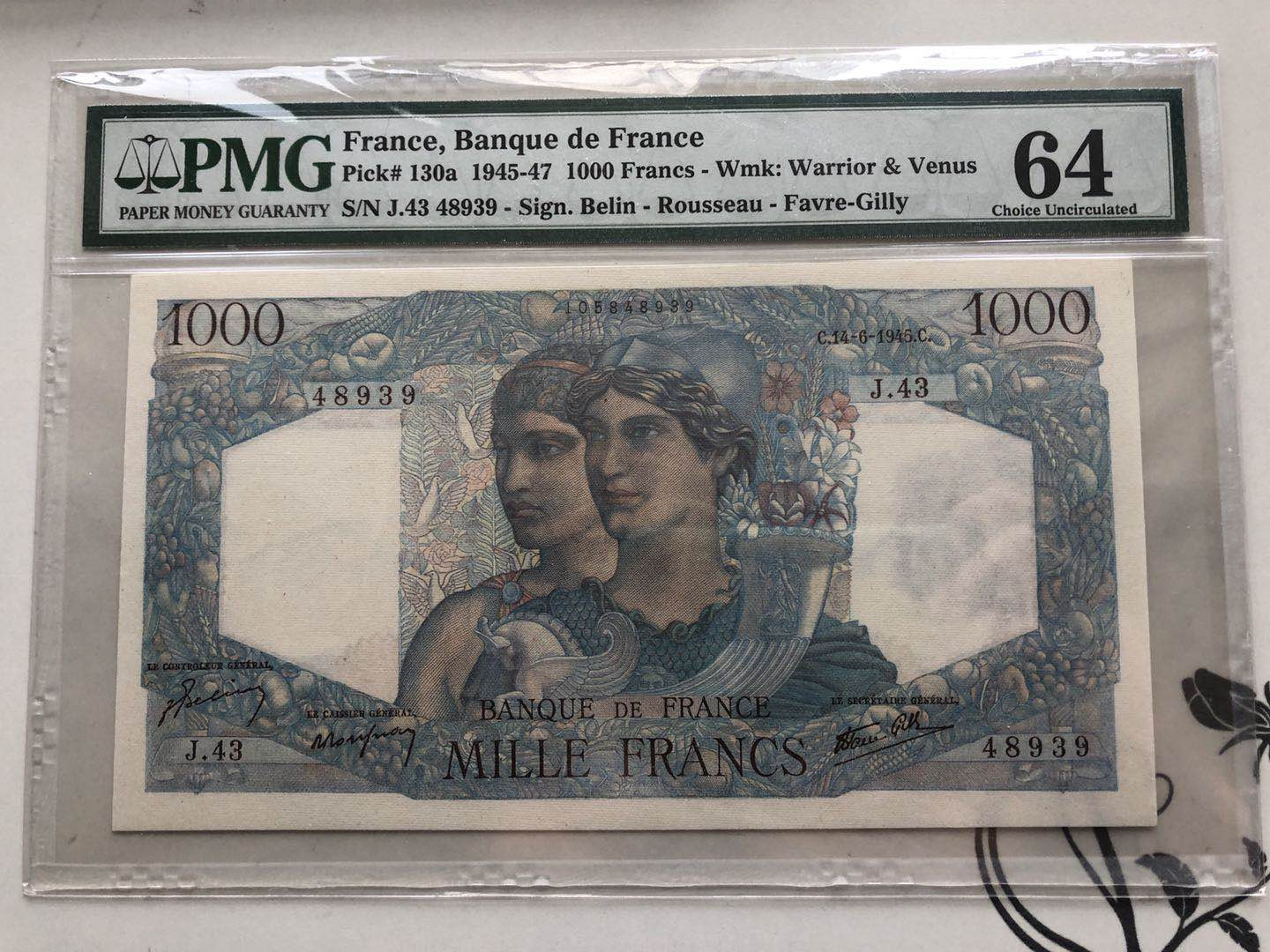 【收藏联盟】第135期拍卖——新西兰大炮筒（共45拍） 法国 1945-47年 1000法郎 PMG64 