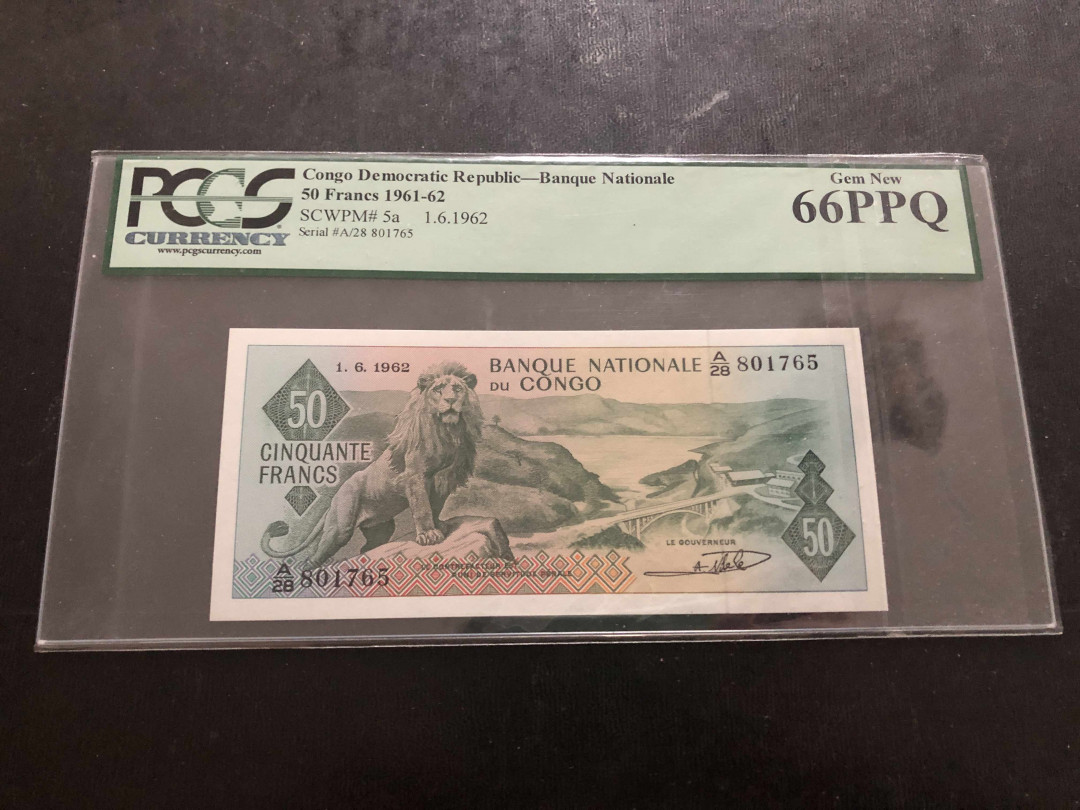 【收藏联盟】第135期拍卖——新西兰大炮筒（共45拍） 刚果 1961-62年 50法郎 PCGS66EPQ 经典狮子王