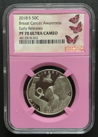 【随心&Getcoins】现代钱币拍卖第四十九期 2018年美国费城造币厂“意识乳腺癌”公益性50分镍币 NGC70 