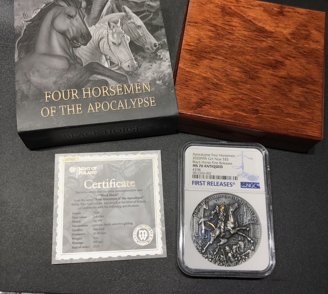 【随心&Getcoins】现代钱币拍卖第四十九期 纽埃2020年天启四骑士系列黑马骑士银币NGCMS70首期蓝标