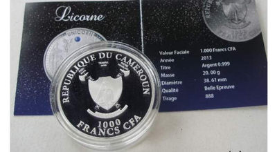 【随心&Getcoins】现代钱币拍卖第四十九期 喀麦隆2013年麒麟蛋白石镶嵌银币