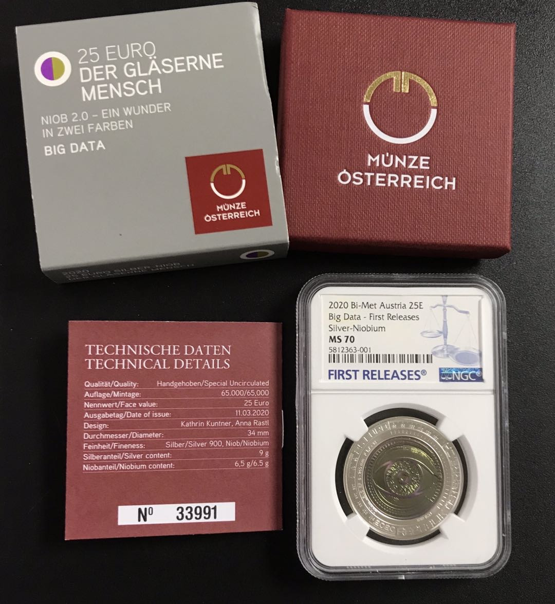 【随心&Getcoins】现代钱币拍卖第四十九期 奥地利2020年银铌双金属系列大数据25欧纪念银币NGCMS70首期蓝标