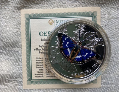 【随心&Getcoins】现代钱币拍卖第四十九期 【白俄罗斯】白俄罗斯2013年20卢布，世界珍稀蝴蝶—“紫色皇帝”紫闪鸢尾蝶 彩色精制银币