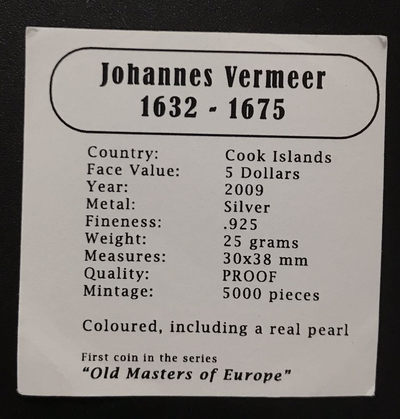 【随心&Getcoins】现代钱币拍卖第四十九期 库克2009年戴珍珠耳环的少女弗美尔镶珍珠矩形银币