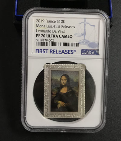 【随心&Getcoins】现代钱币拍卖第四十九期 法国2019年达芬奇名画蒙娜丽莎条形彩色纪念银币NGCPF70首期蓝标