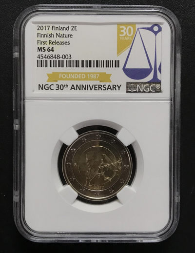 【随心&Getcoins】现代钱币拍卖第四十九期 芬兰2017年乌鸦2欧元精制纪念币NGCMS64 30周年标