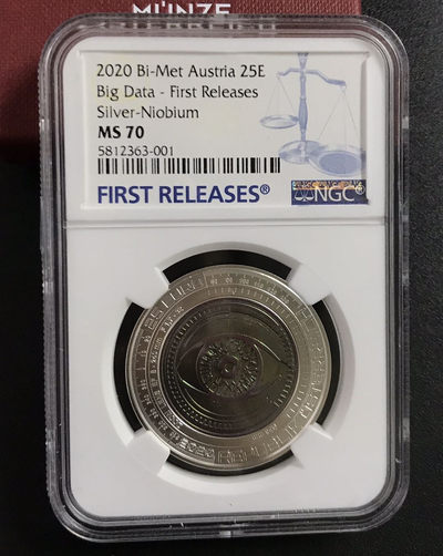 【随心&Getcoins】现代钱币拍卖第四十九期 奥地利2020年银铌双金属系列大数据25欧纪念银币NGCMS70首期蓝标