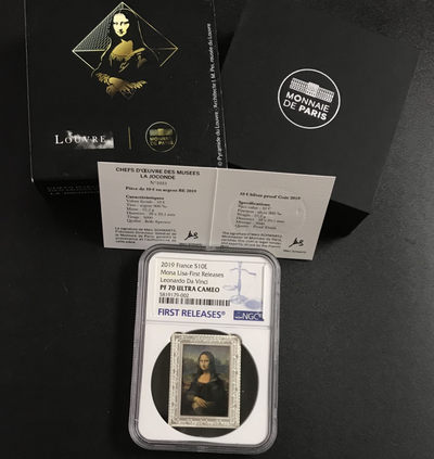 【随心&Getcoins】现代钱币拍卖第四十九期 - 法国2019年达芬奇名画蒙娜丽莎条形彩色纪念银币NGCPF70首期蓝标