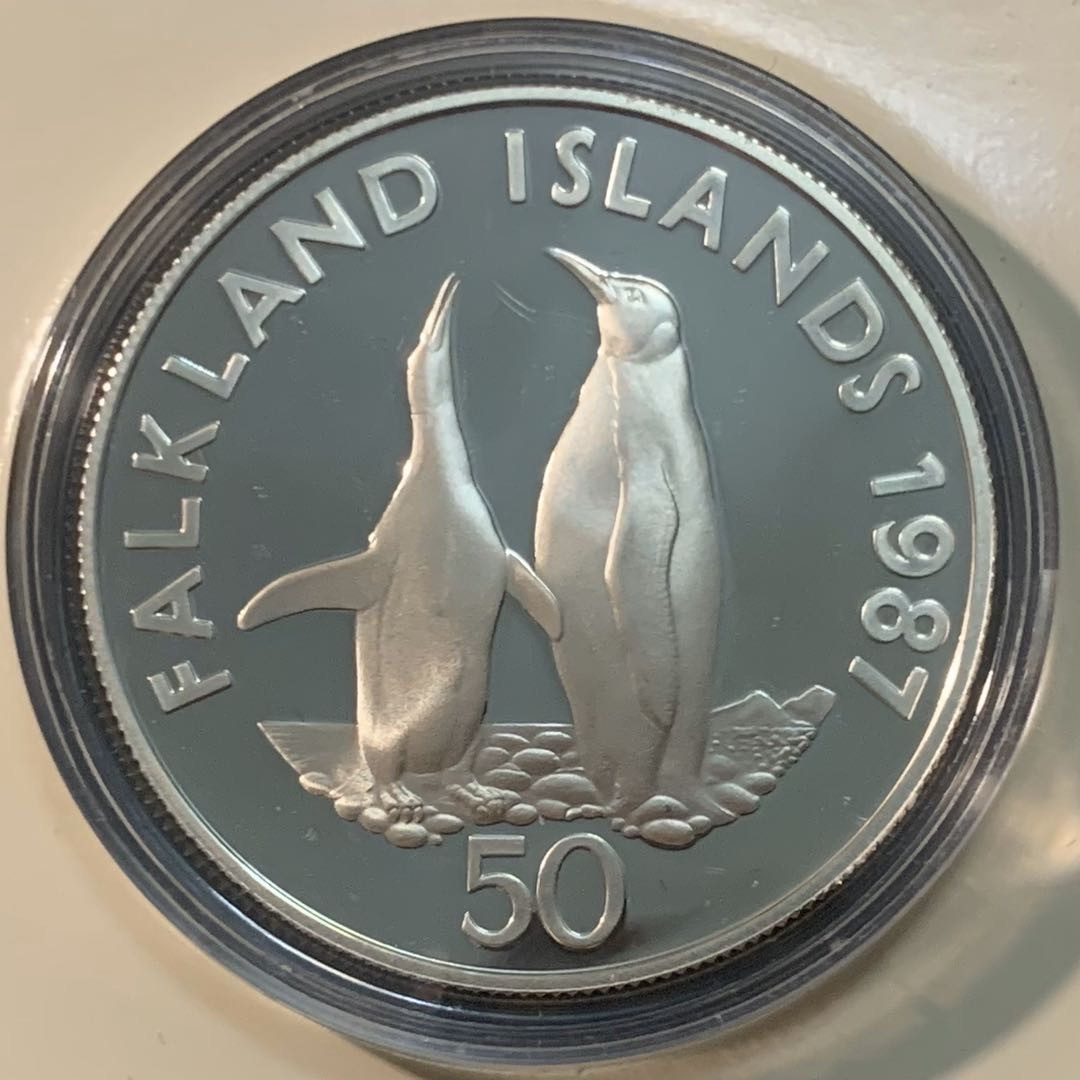 紫瑗钱币—微拍第55期  福克兰 1987年 WWF基金会 企鹅 50便士 28.28克 0.925银 精制 WWF原装卡