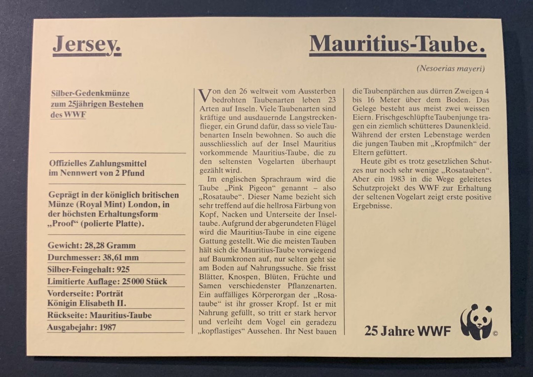 紫瑗钱币—微拍第55期  泽西岛 1987年 野生动物基金会25周年 白鸽 2磅 28.28克 0.925银 精制 WWF原装卡