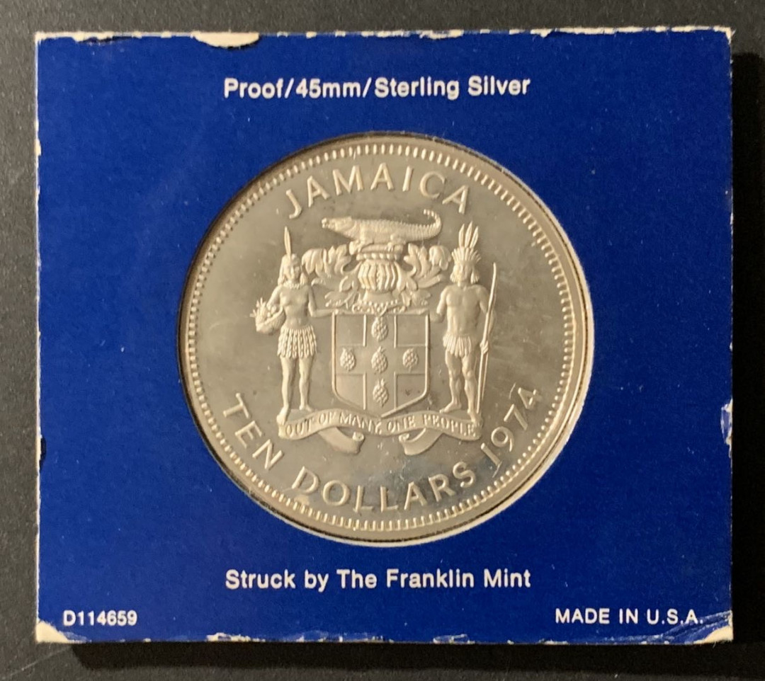紫瑗钱币—微拍第55期  牙买加 1974年 航海家 亨利摩根船长 10元 42.8克 0.925银 原盒证书