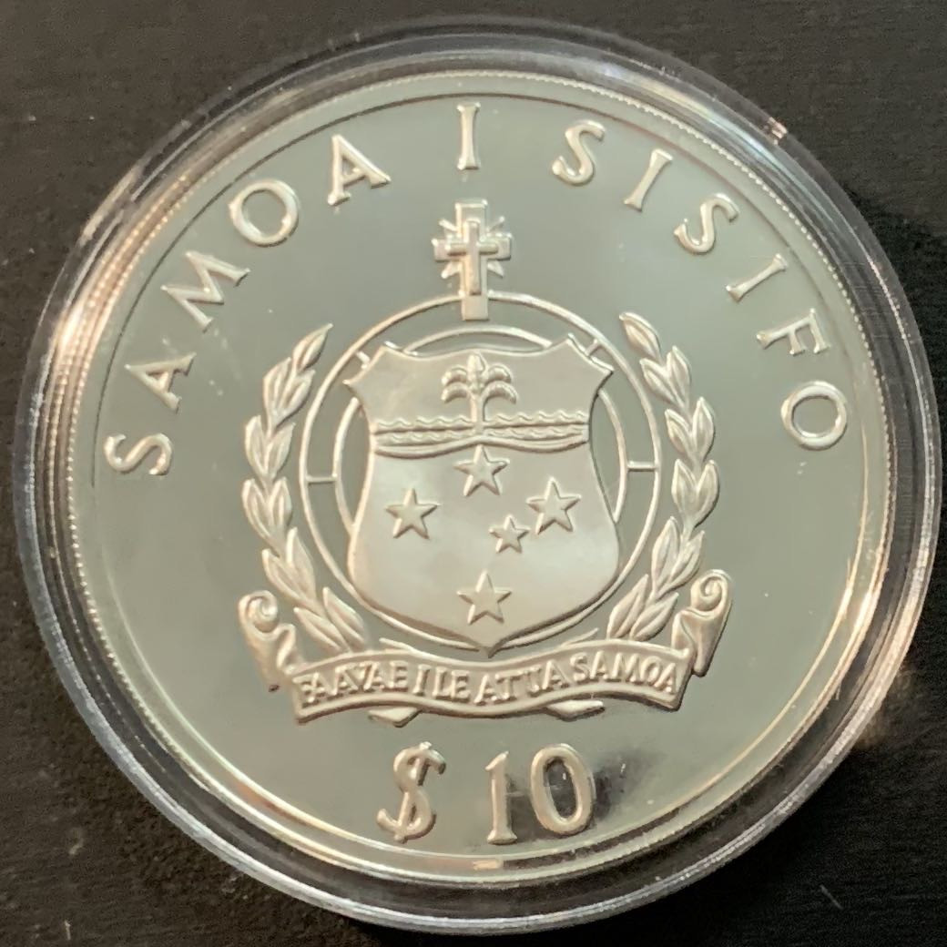 紫瑗钱币—微拍第55期  萨摩亚 1991年  巴塞罗那奥运会 铅球 10元 31.47克 0.925银 精制