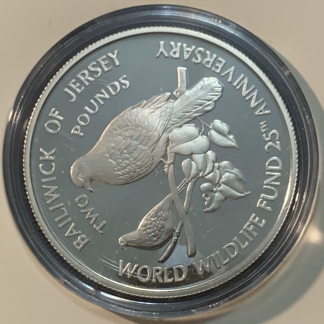 紫瑗钱币—微拍第55期  泽西岛 1987年 野生动物基金会25周年 白鸽 2磅 28.28克 0.925银 精制 WWF原装卡