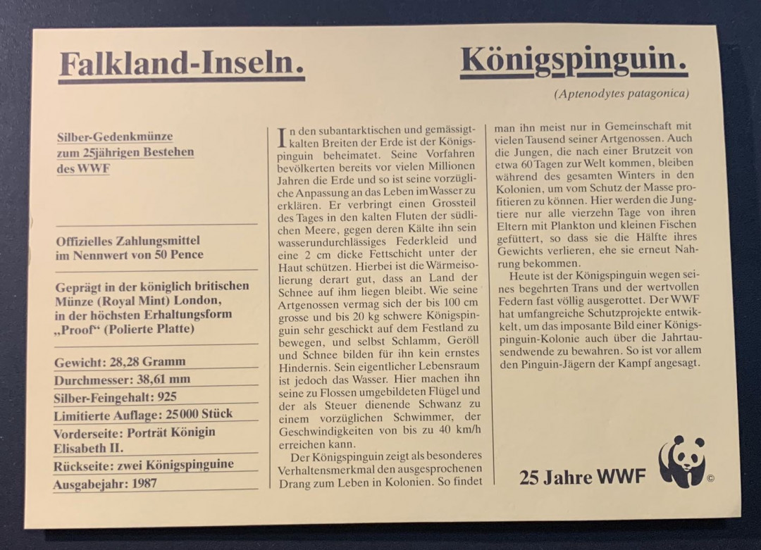 紫瑗钱币—微拍第55期  福克兰 1987年 WWF基金会 企鹅 50便士 28.28克 0.925银 精制 WWF原装卡