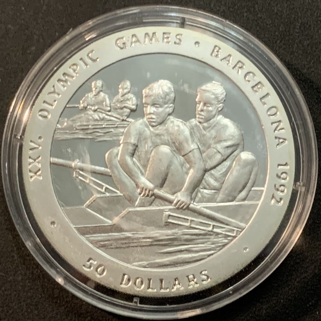 紫瑗钱币—微拍第55期  纽埃 1989年 巴塞罗那奥运会 划船 50元 28.28克 0.925银 精制