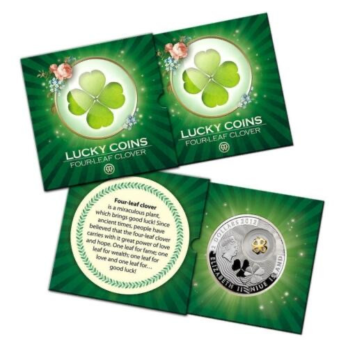 【币观天下】第106期钱币拍卖 【纽埃】 纽埃2012年2元，幸运银币系列之首“幸运四叶草”镶嵌“活体”金四叶草 镀24K金镶嵌精制银币