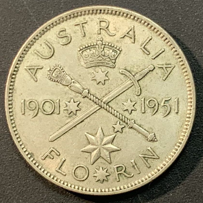 紫瑗钱币—微拍第55期  澳大利亚 1951年 乔治六世 登基25周年 1佛罗林 11.31克 0.5银