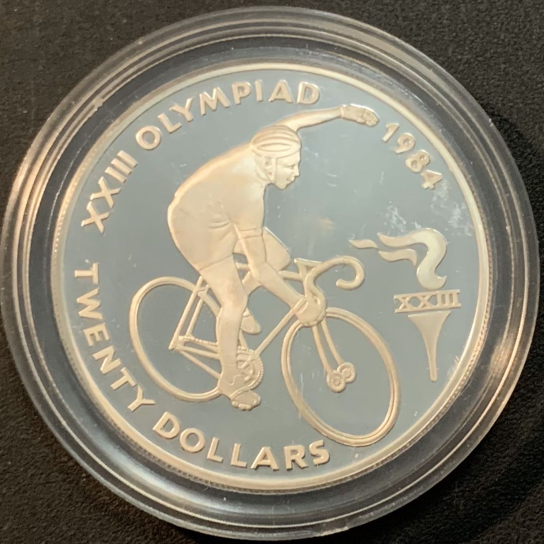 紫瑗钱币—微拍第55期  伯利兹 1984年 亚特兰大奥运会  自行车 20元 23.33克 0.925银 精制