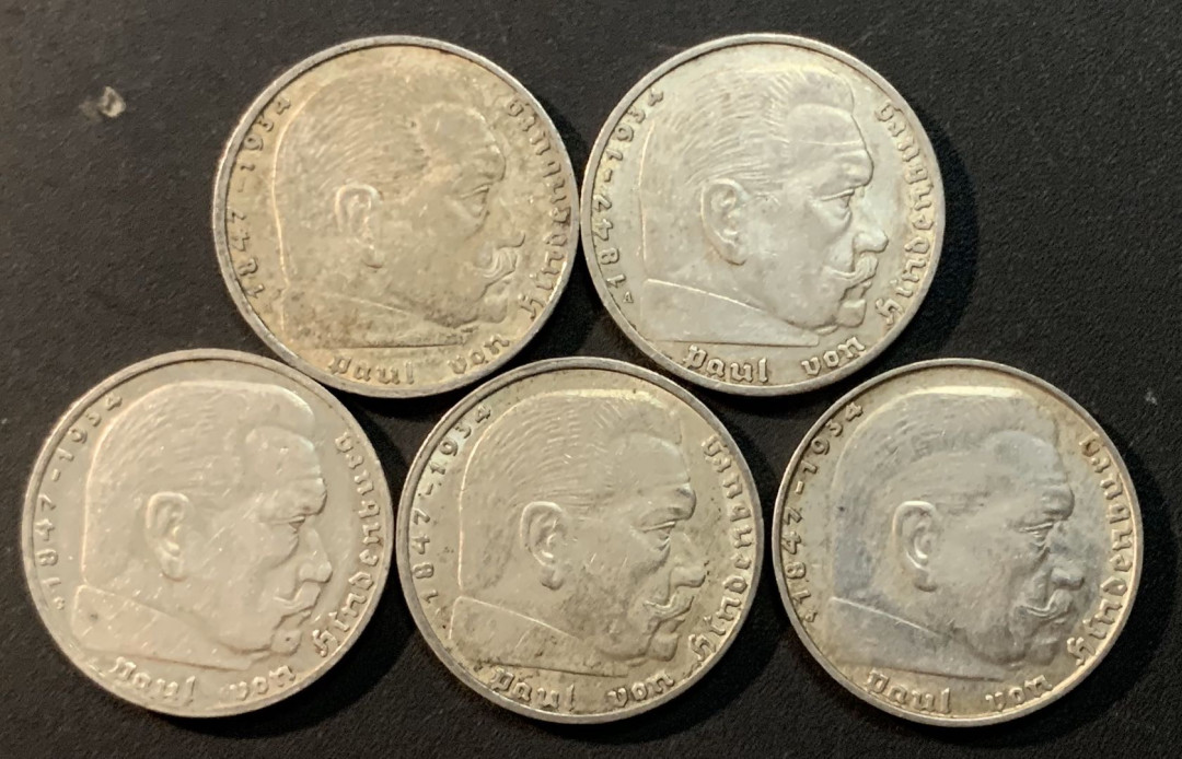 紫瑗钱币—微拍第55期  德国 兴登堡 带字 2马克 5枚一组 共 40克 0.625银