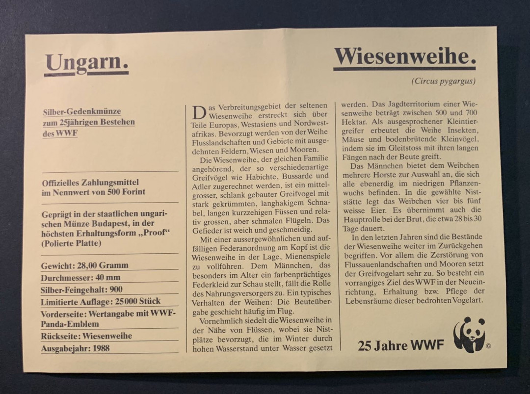 紫瑗钱币—微拍第55期  匈牙利 1988年  世界濒危野生动物 苍鹰 500福林 银币 28克 0.9银 精制 WWF原装卡