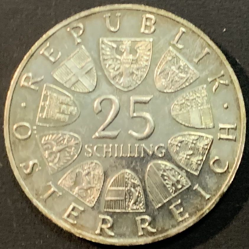 紫瑗钱币—微拍第55期  奥地利 1964年 剧作家  格里尔帕策 25先令 13克 0.8银 精制