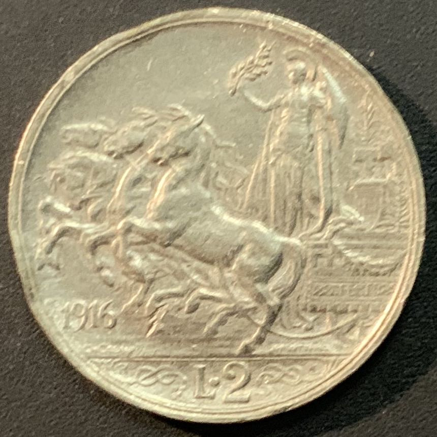 紫瑗钱币—微拍第55期  意大利 1916年 马车女神 2里拉 10克 0.835银