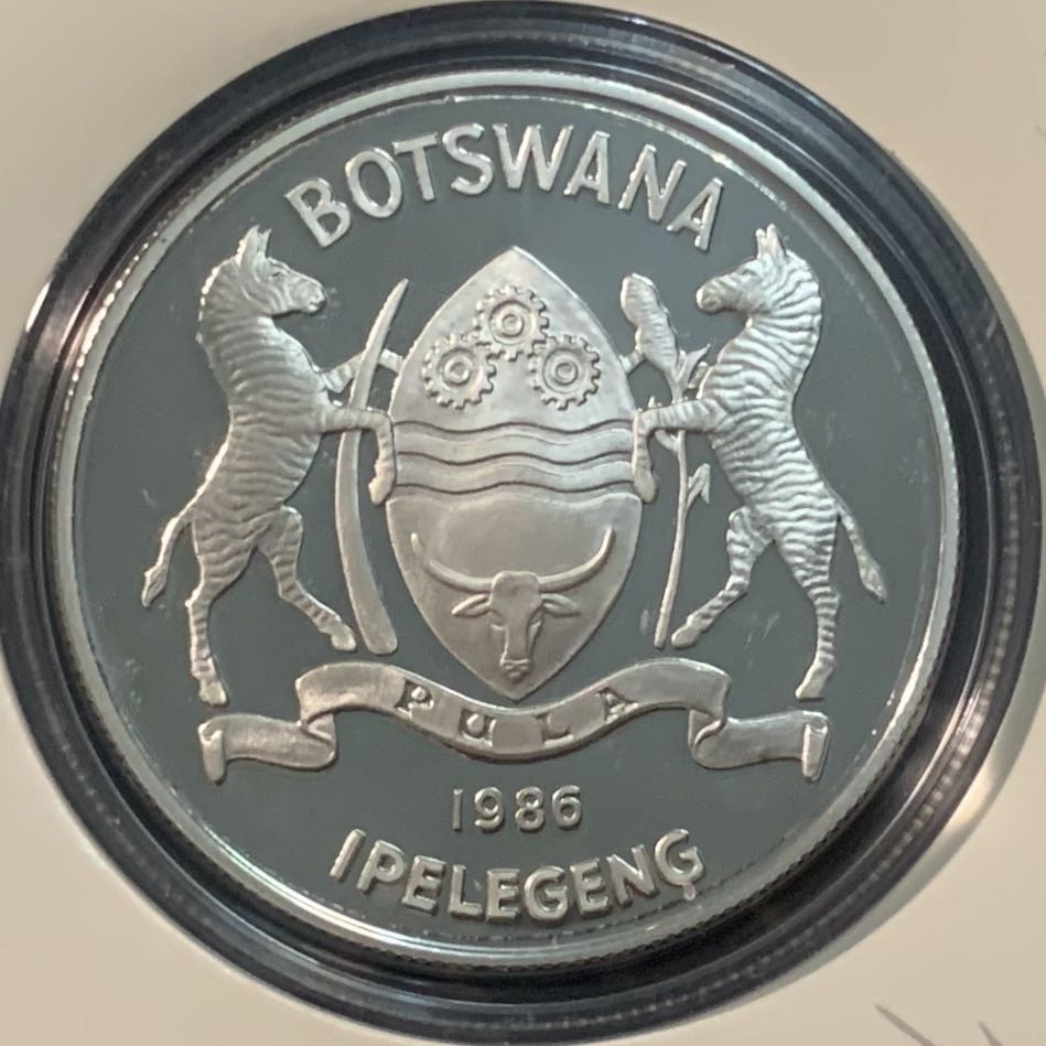紫瑗钱币—微拍第55期  博茨瓦纳 1986年 世界珍稀动物系列 鹳 2帕拉 28.28克 0.925银 精制 WWF原装卡