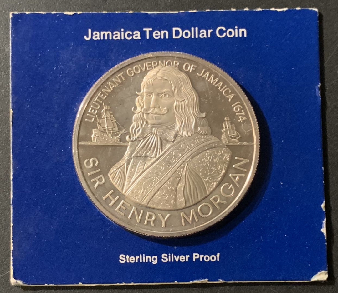 紫瑗钱币—微拍第55期  牙买加 1974年 航海家 亨利摩根船长 10元 42.8克 0.925银 原盒证书
