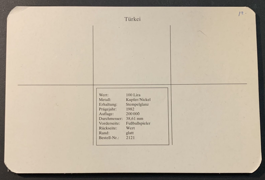 紫瑗钱币—微拍第55期  土耳其 1982年 西班牙世界杯 带球 100里拉 镍币 德国原装卡