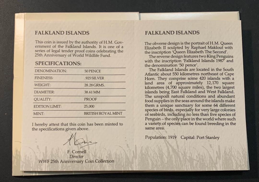 紫瑗钱币—微拍第55期  福克兰 1987年 WWF基金会 企鹅 50便士 28.28克 0.925银 精制 WWF原装卡