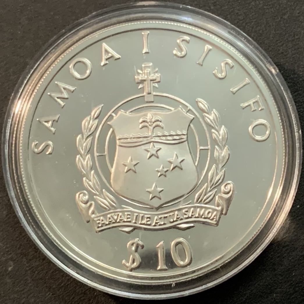 紫瑗钱币—微拍第55期  萨摩亚 1991年  92巴塞罗那奥运会 标枪 10元 31.47克 0.925银 精制